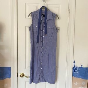 Vintage blue gingham front button midi dress with ribbon belt - Ann Taylor sz 6